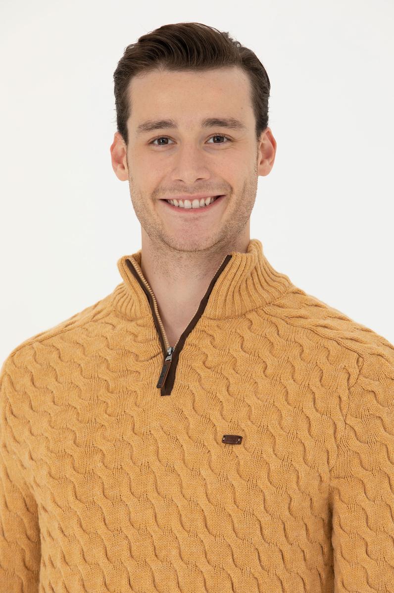 Erkek Kum Melanj Yarım Fermuarlı Kazak