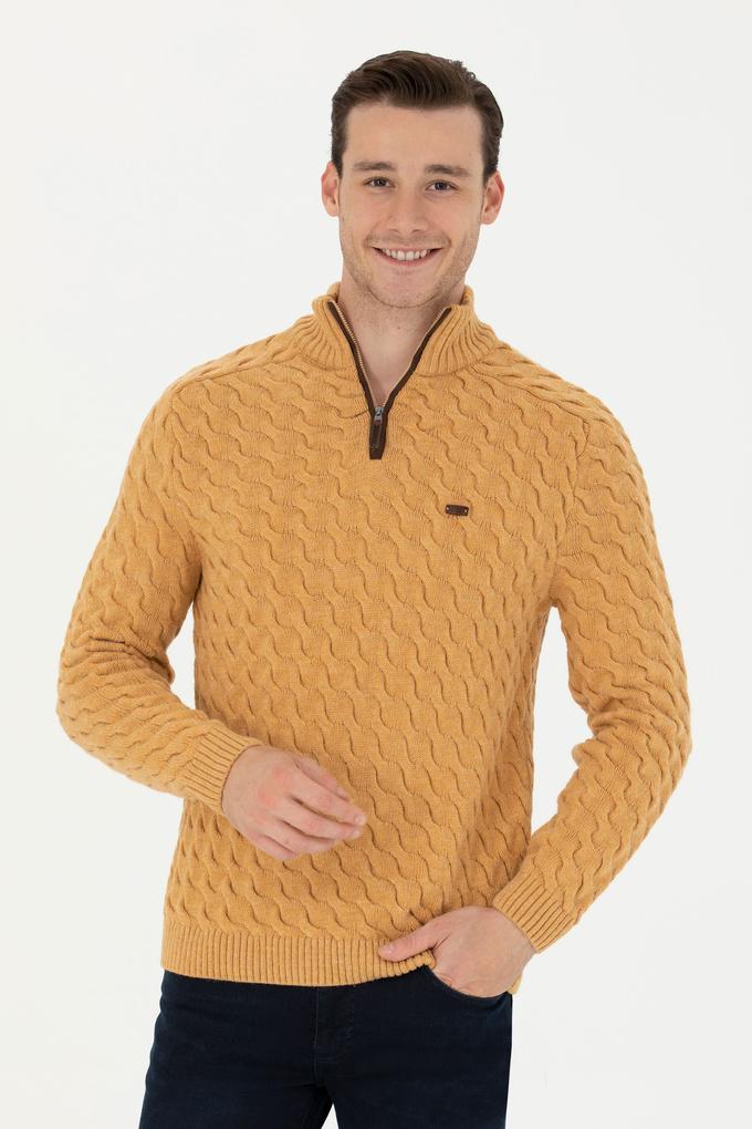 Erkek Kum Melanj Yarım Fermuarlı Kazak