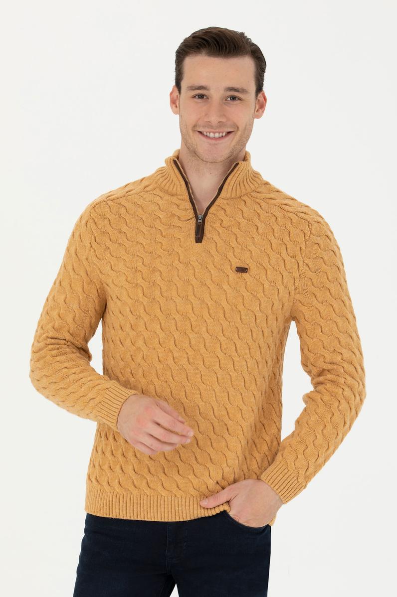 Erkek Kum Melanj Yarım Fermuarlı Kazak