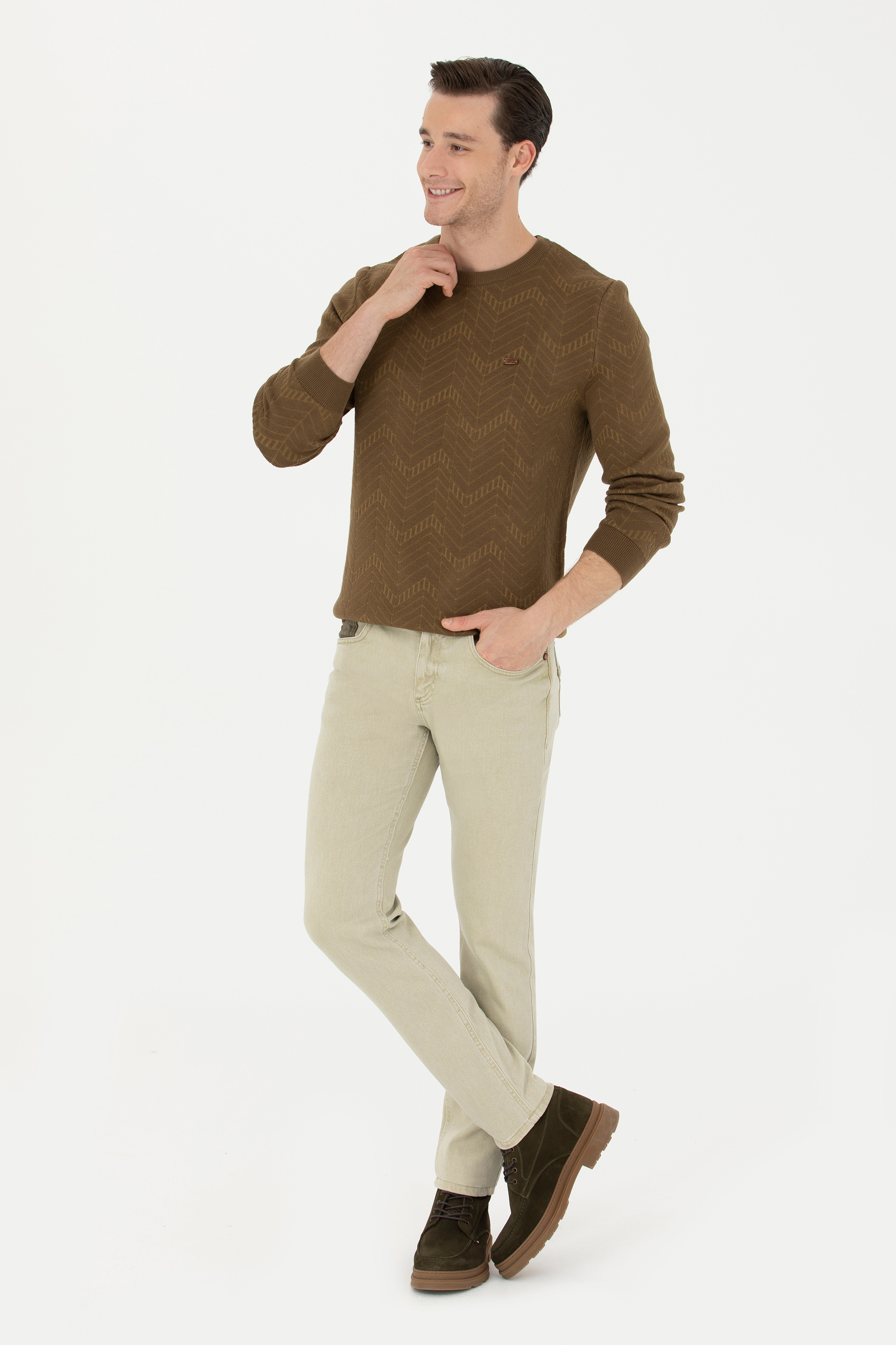 Erkek Regular Fit Bisiklet Yaka Haki Kazak - Image 4