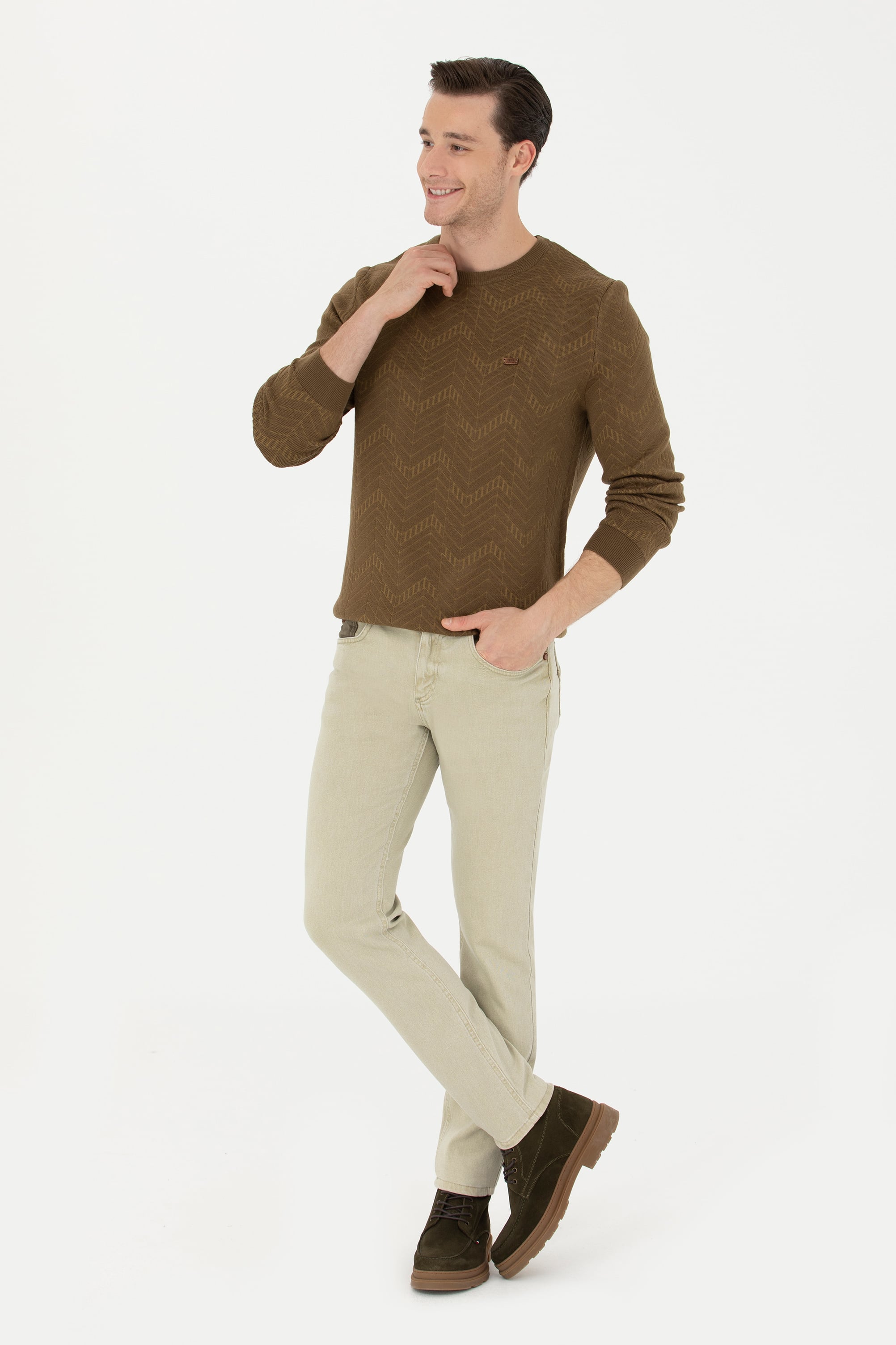 Erkek Regular Fit Bisiklet Yaka Haki Kazak