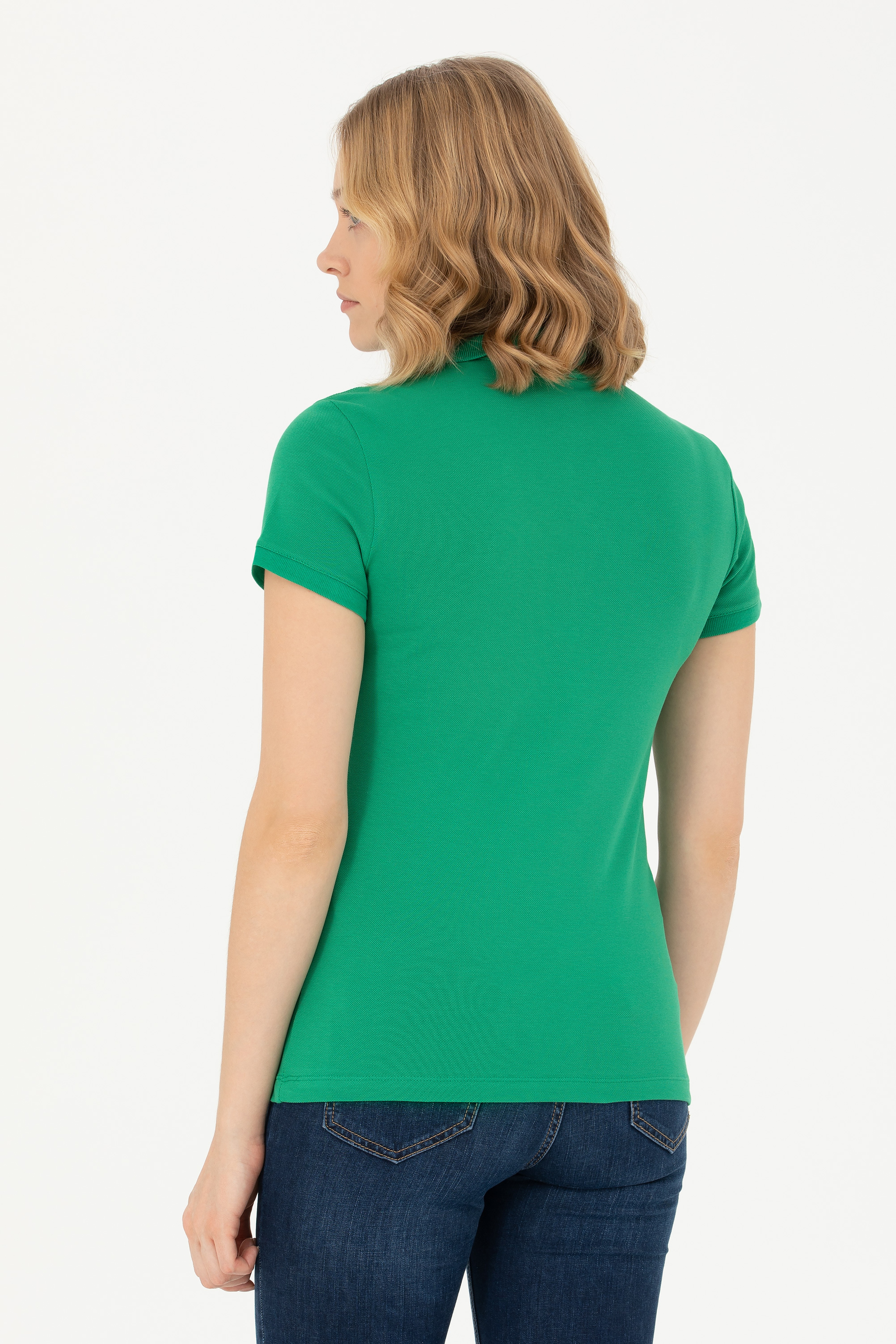 Kadın Yeşil Basic Polo Yaka Tişört - Image 5