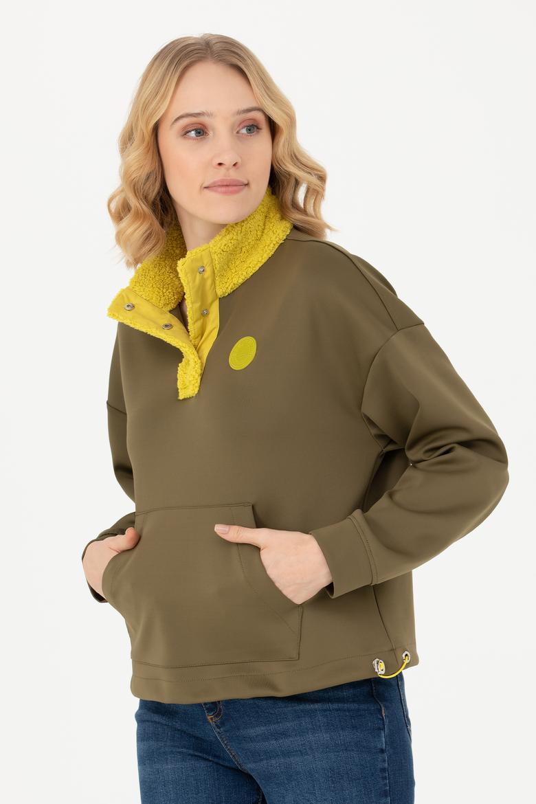 Kadın Haki Dik Yaka Sweatshirt