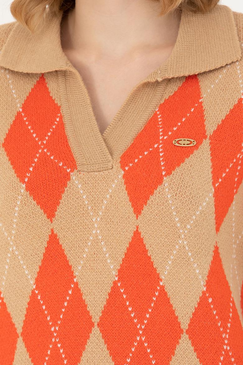 Kadın V Yaka Kum Melanj Kazak - 50270453001