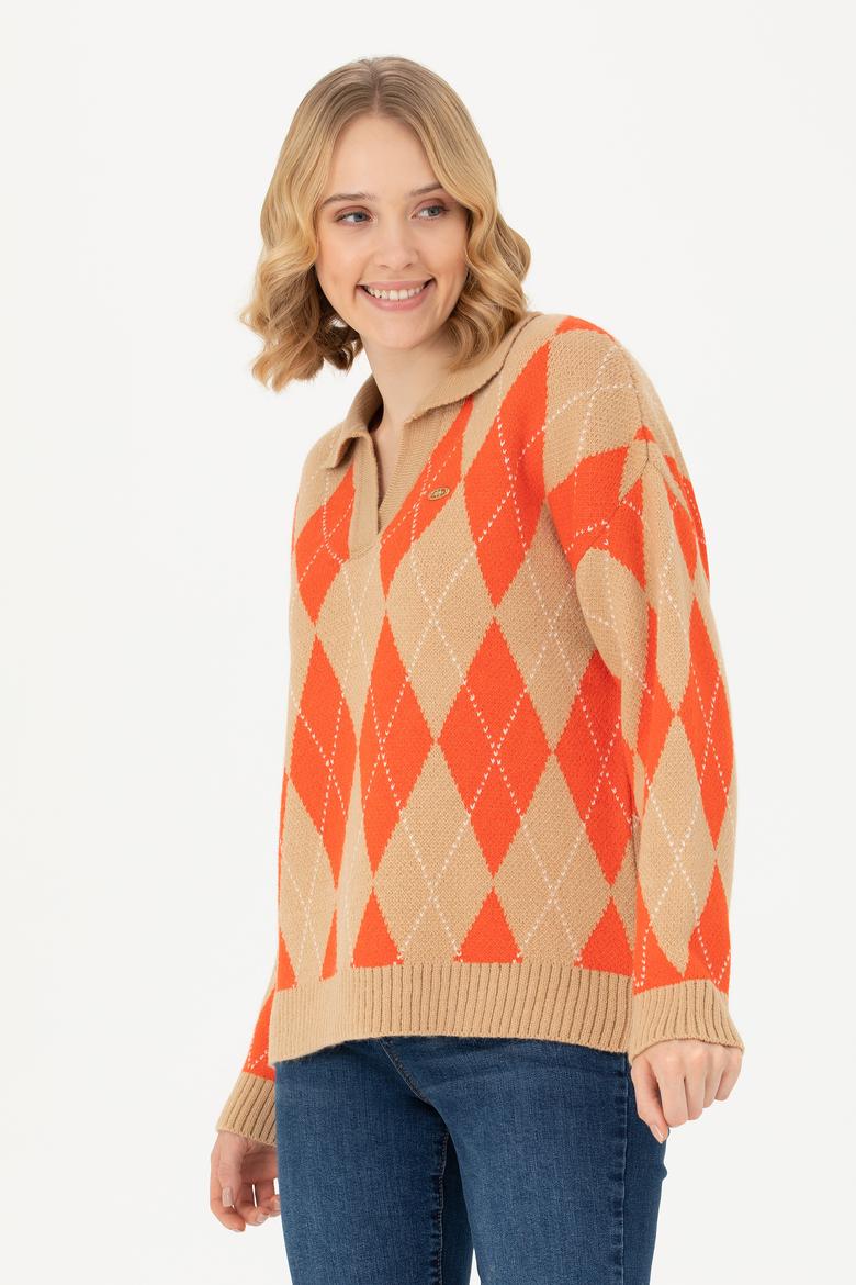 Kadın V Yaka Kum Melanj Kazak - 50270453001