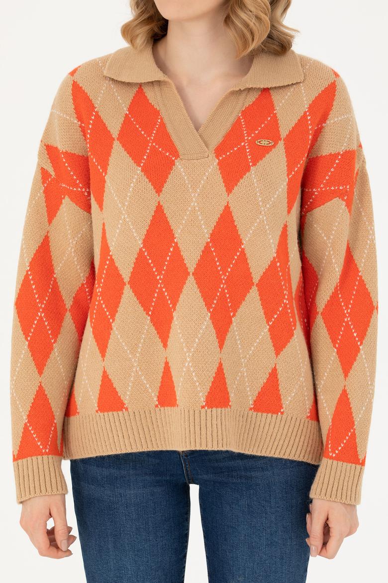 Kadın V Yaka Kum Melanj Kazak - 50270453001