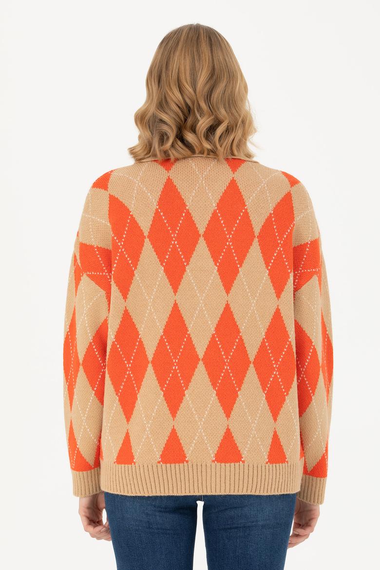 Kadın V Yaka Kum Melanj Kazak - 50270453001