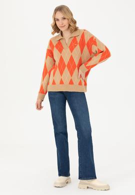 Kadın V Yaka Kum Melanj Kazak - 50270453001