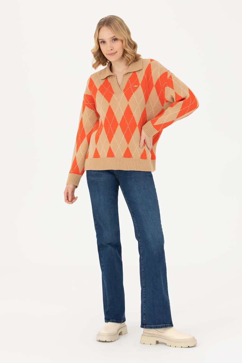 Kadın V Yaka Kum Melanj Kazak - 50270453001