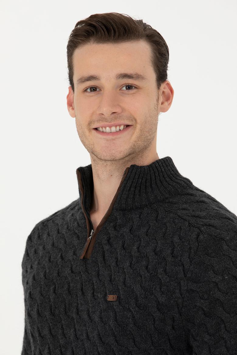 Erkek Antrasit Melanj Yarım Fermuarlı Kazak - 50270989001