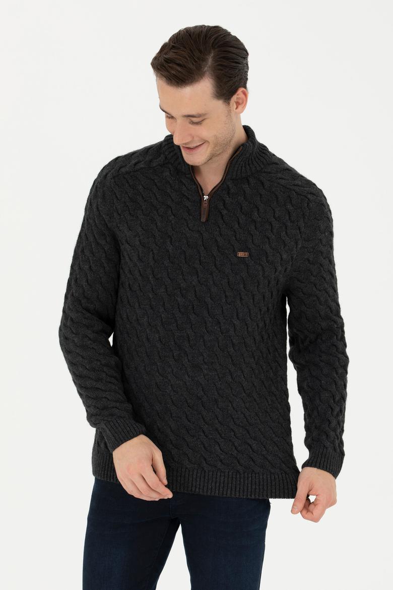 Erkek Antrasit Melanj Yarım Fermuarlı Kazak - 50270989001