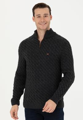 Erkek Antrasit Melanj Yarım Fermuarlı Kazak - 50270989001