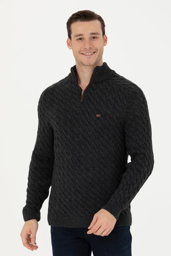 Erkek Antrasit Melanj Yarım Fermuarlı Kazak