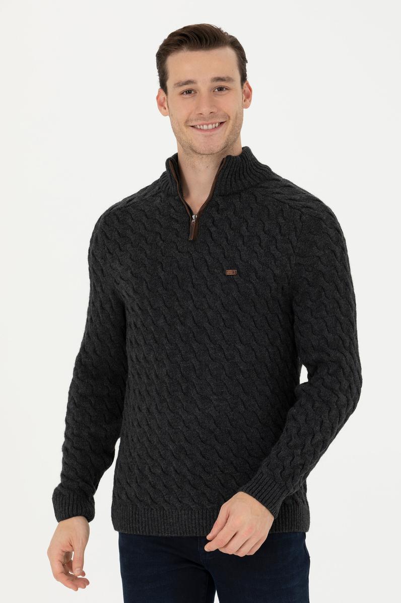 Erkek Antrasit Melanj Yarım Fermuarlı Kazak