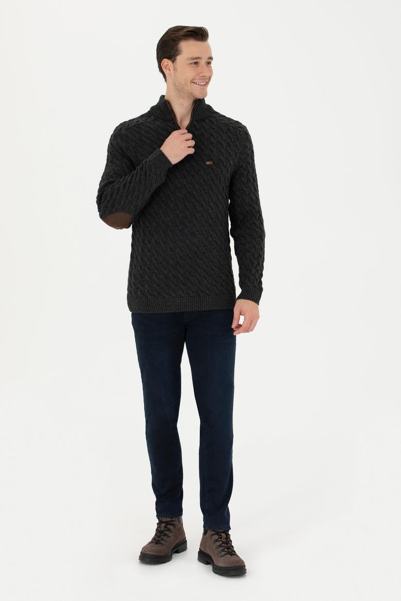 Erkek Antrasit Melanj Yarım Fermuarlı Kazak - 50270989001