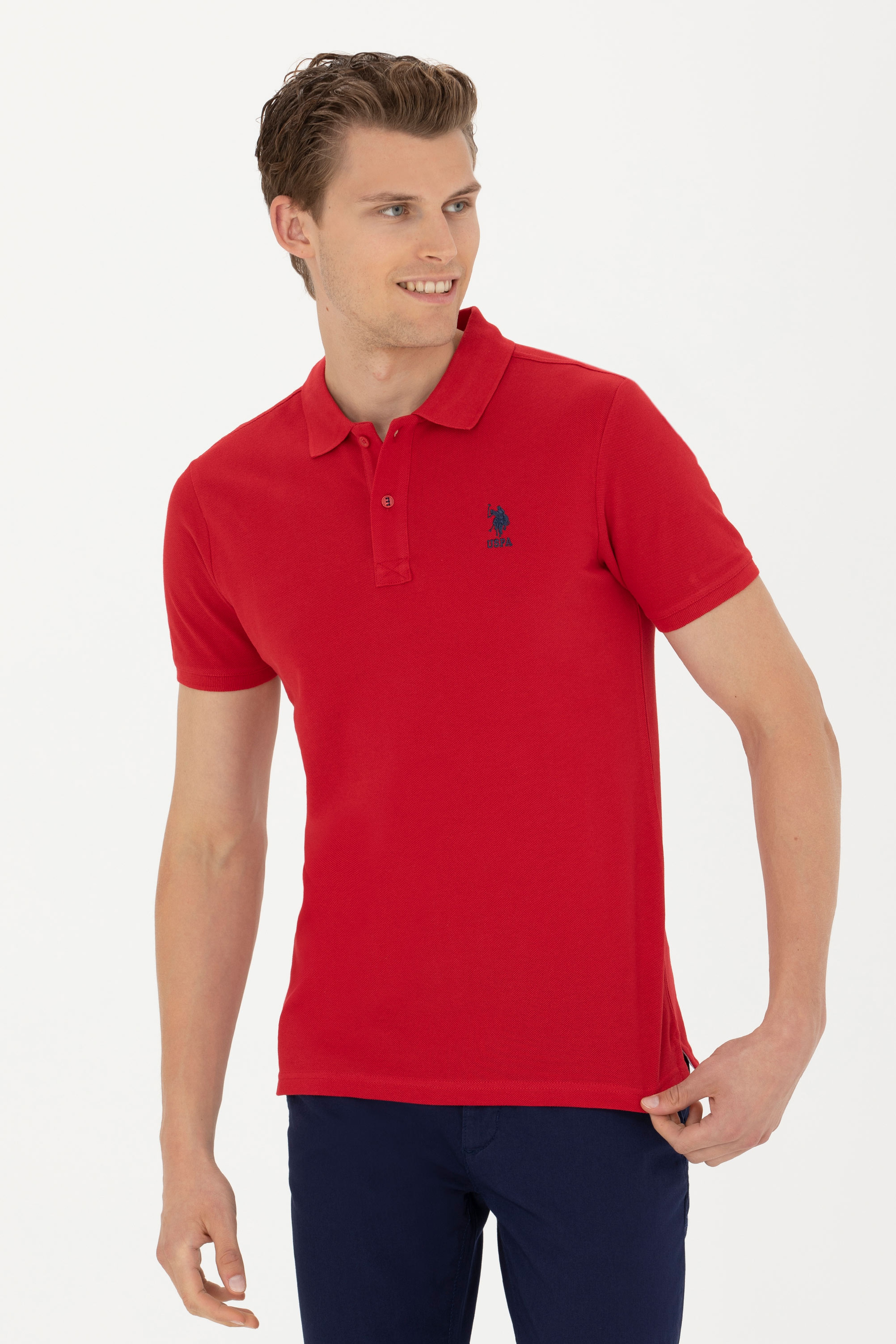 Erkek Slim Fit Polo Yaka Kırmızı Basic Tişört - Image 3