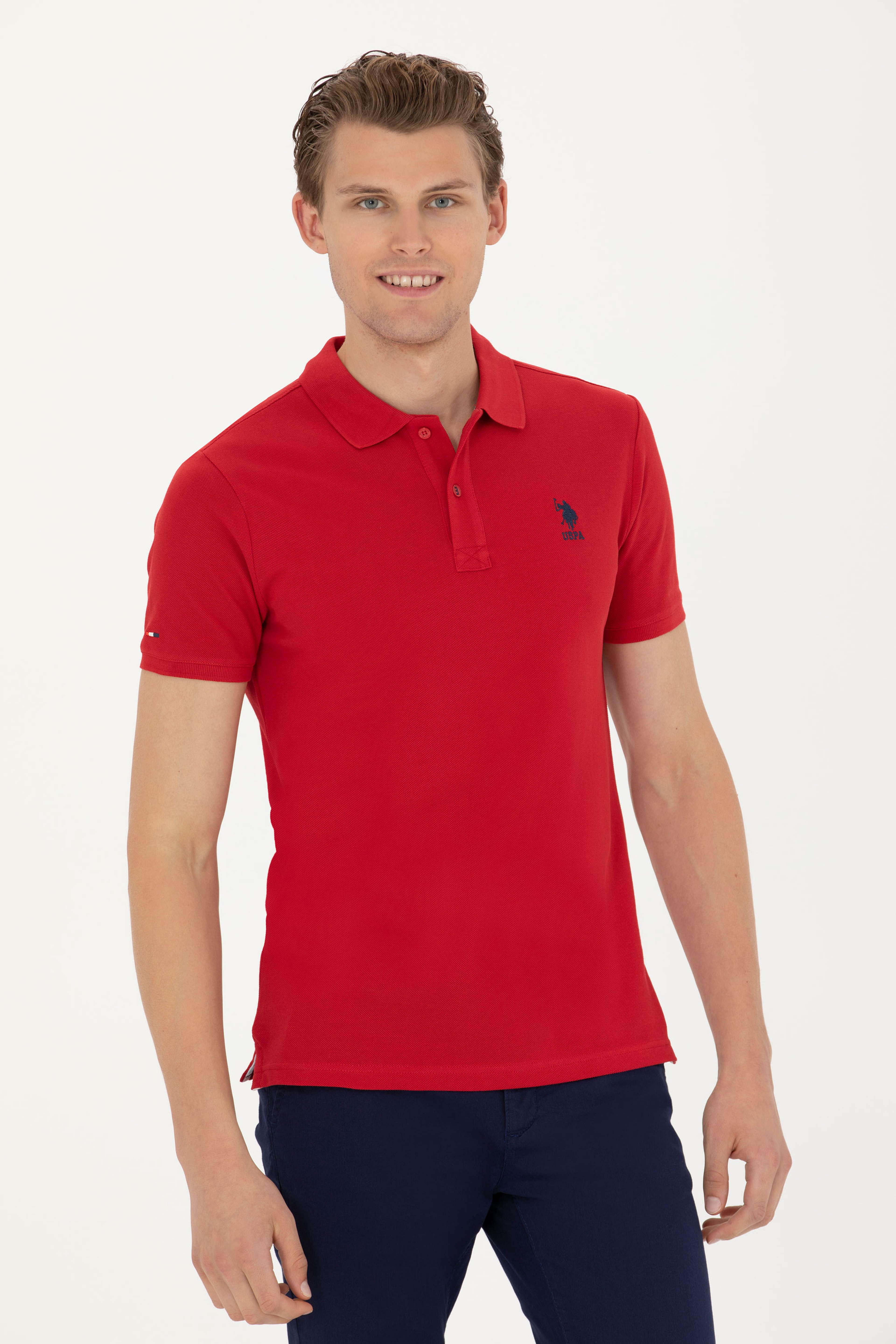 Erkek Slim Fit Polo Yaka Kırmızı Basic Tişört - Image 1