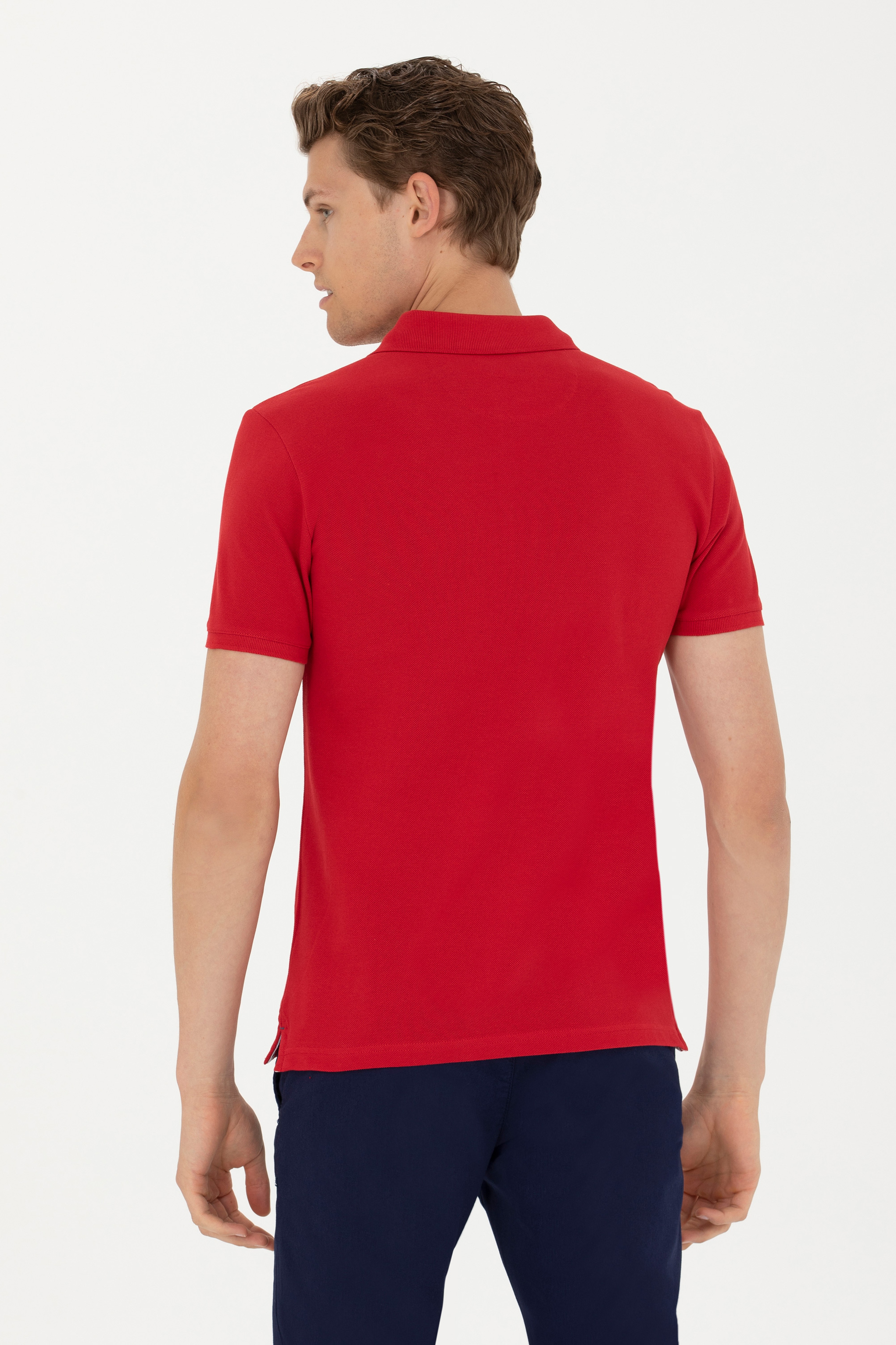Erkek Slim Fit Polo Yaka Kırmızı Basic Tişört - Image 5