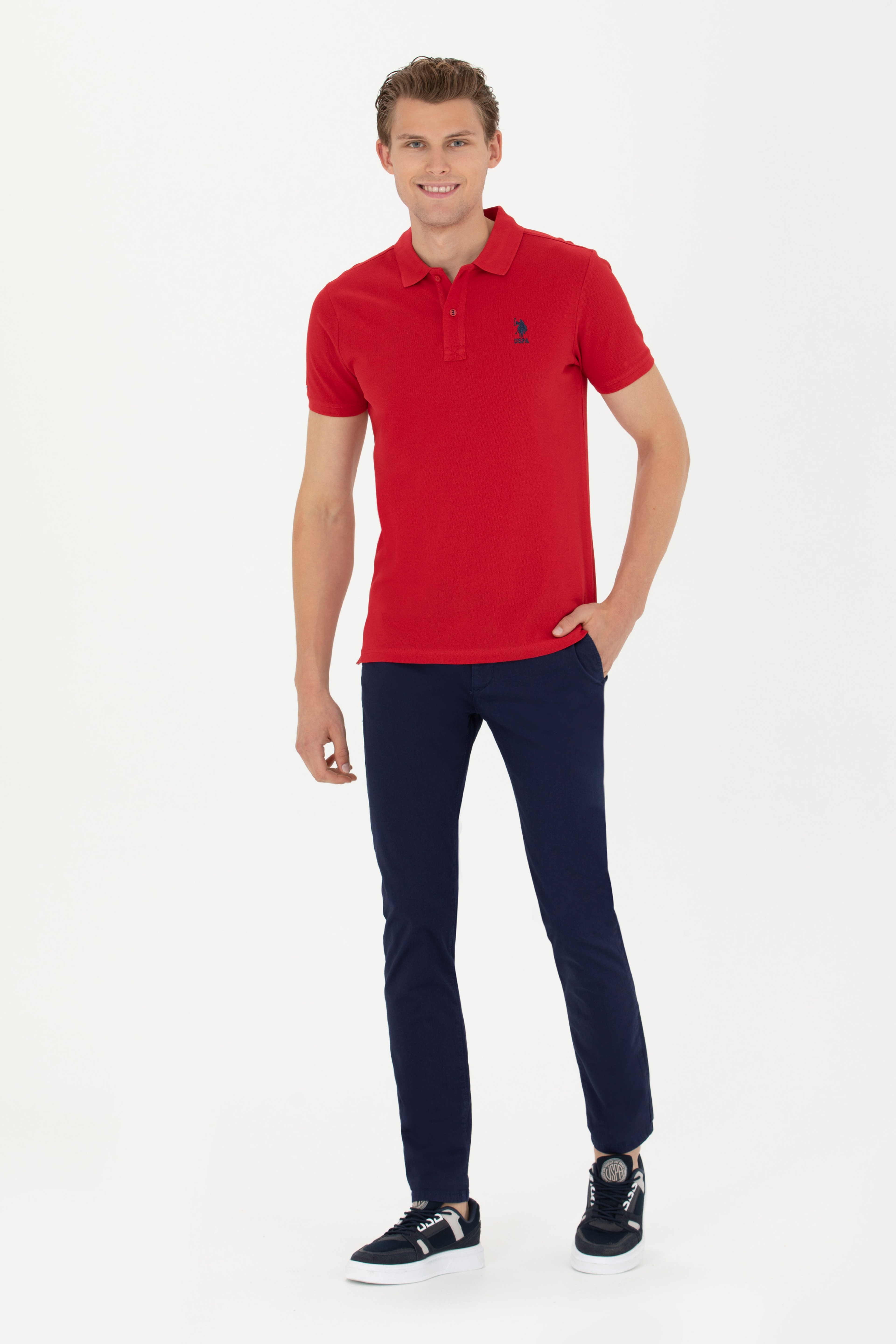 Erkek Slim Fit Polo Yaka Kırmızı Basic Tişört - Image 4