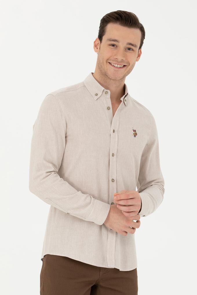 Erkek Bej Uzun Kollu Basic Gömlek