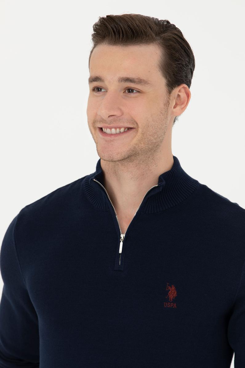 Erkek Lacivert Yarım Fermuarlı Kazak