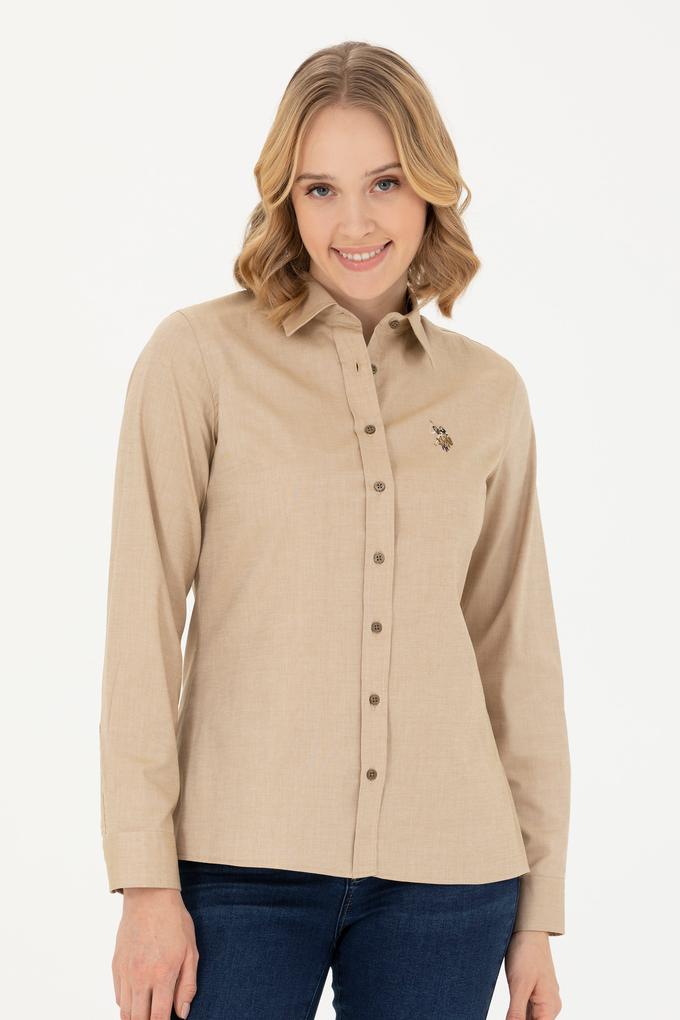 Kadın Açık Haki Uzun Kollu Basic Gömlek