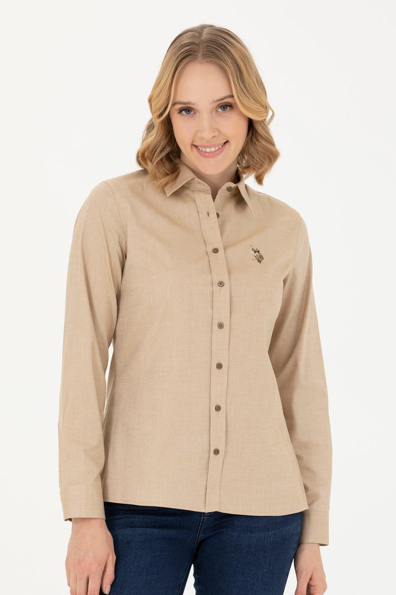 Kadın Açık Haki Uzun Kollu Basic Gömlek