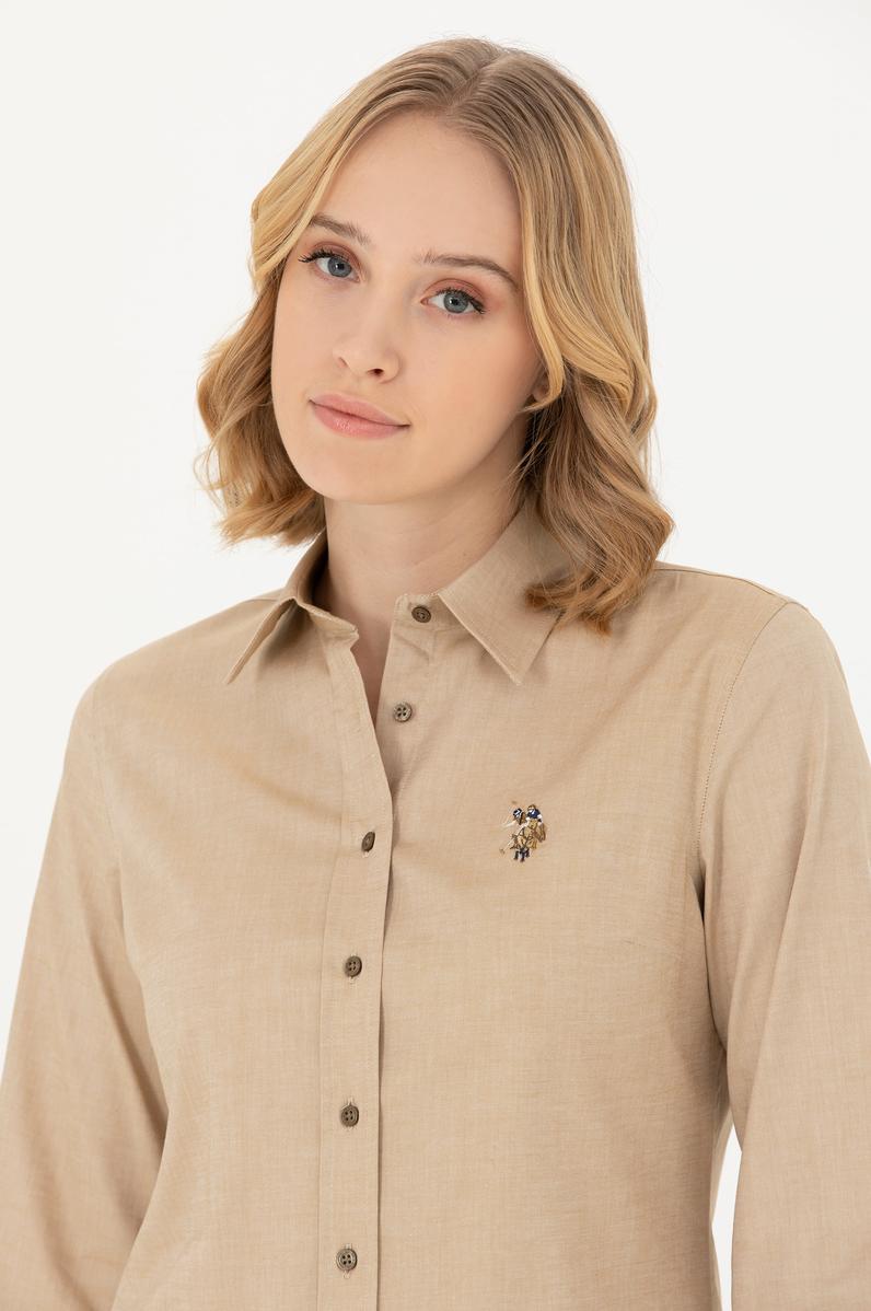 Kadın Açık Haki Uzun Kollu Basic Gömlek