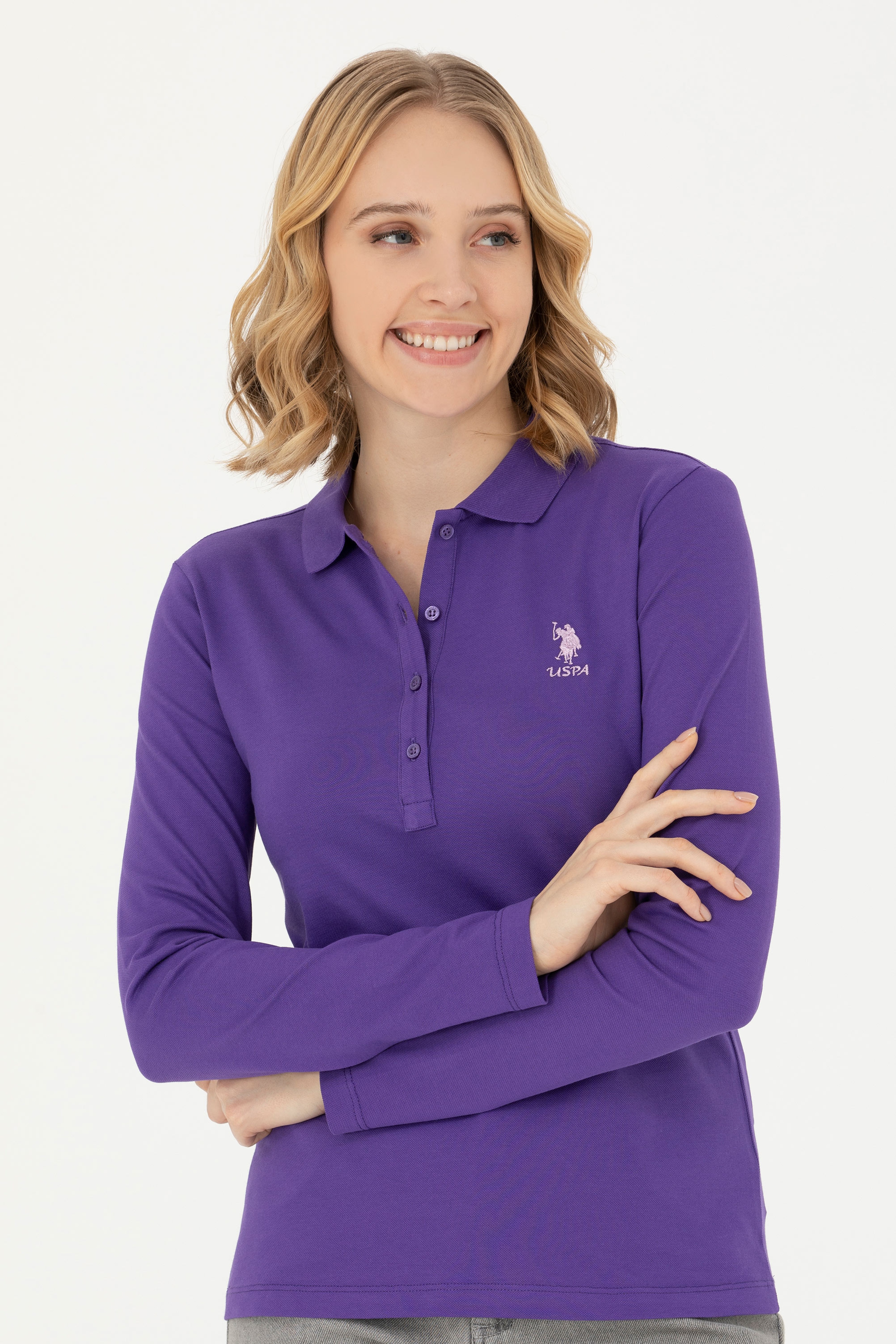 Kadın Mor Basic Polo Yaka Sweatshirt
