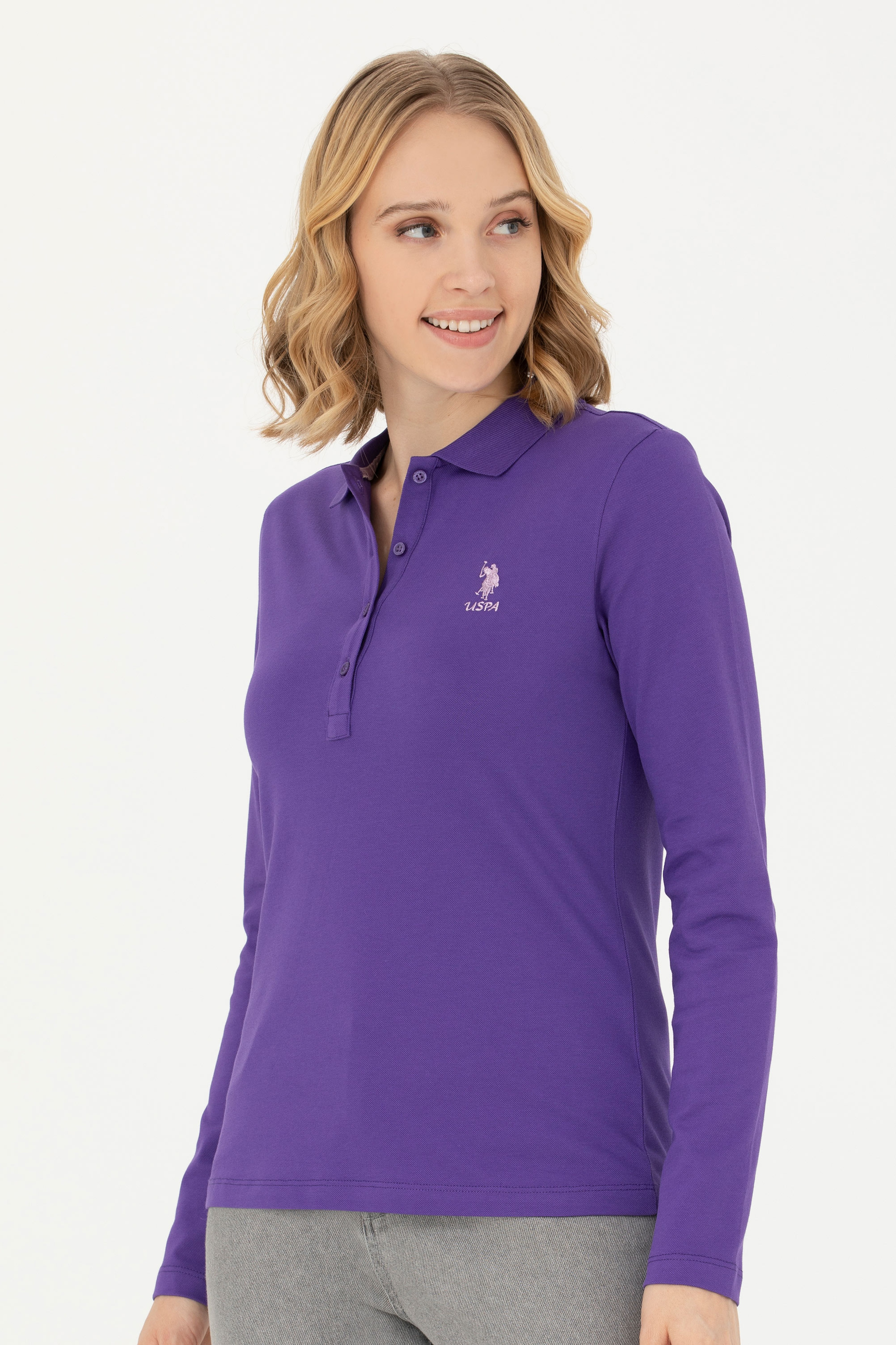 Kadın Mor Basic Polo Yaka Sweatshirt - Image 1