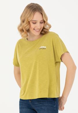 Kadın Fıstık Yeşili Bisiklet Yaka Tişört - 50271621067