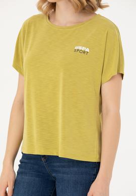 Kadın Fıstık Yeşili Bisiklet Yaka Tişört - 50271621067