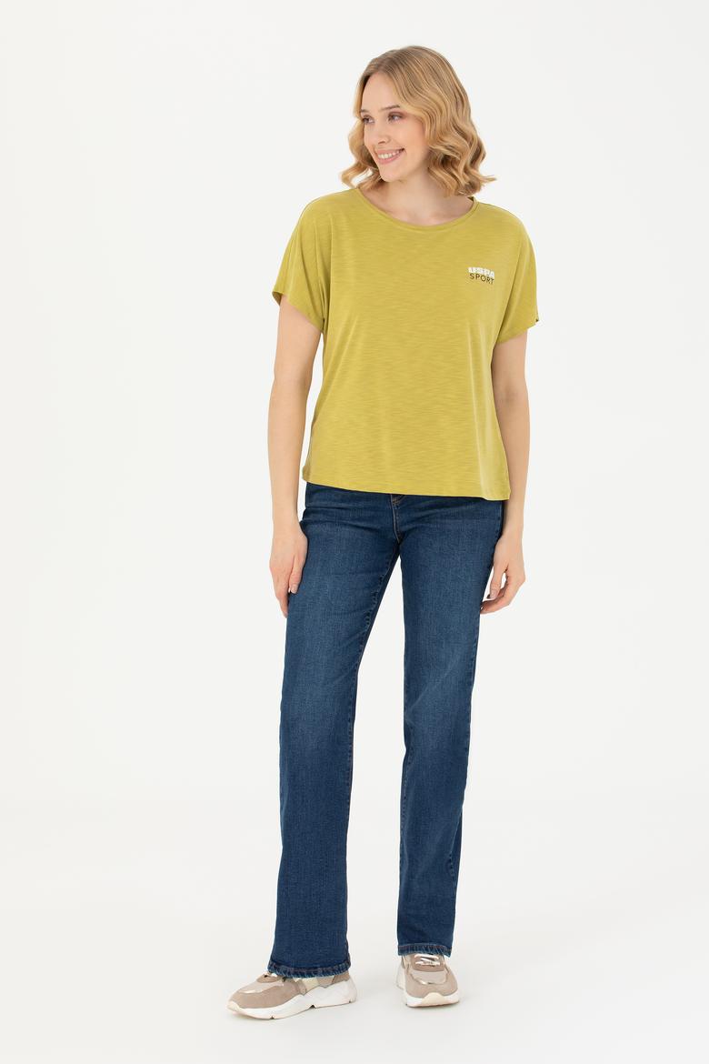 Kadın Fıstık Yeşili Bisiklet Yaka Tişört - 50271621067