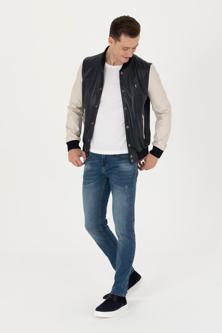 Erkek Lacivert Deri Ceket - 50278995004