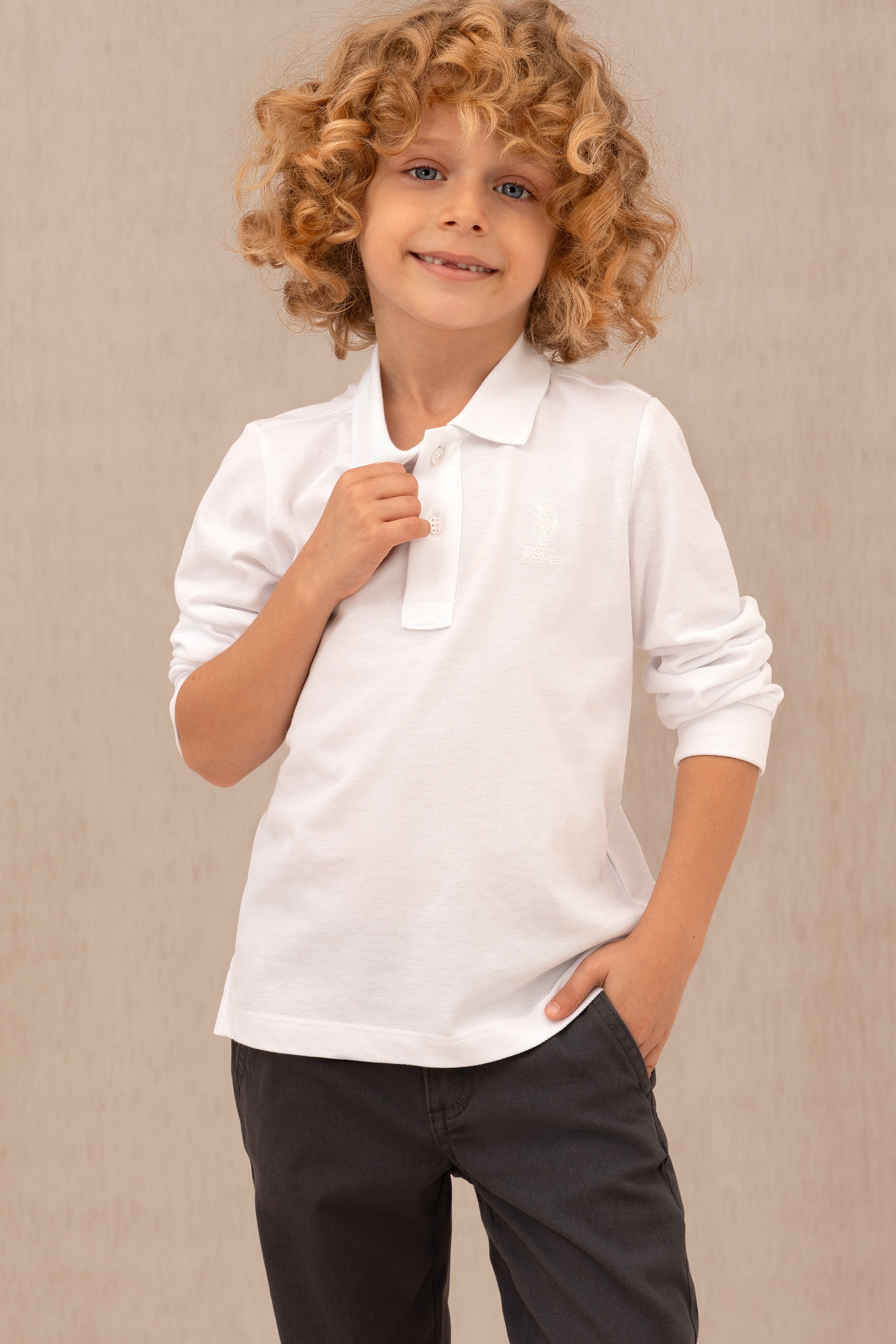 Erkek Çocuk Beyaz Basic Polo Yaka Sweatshirt - Image 2