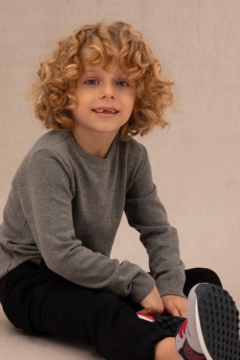 Erkek Çocuk Gri Melanj Basic Bisiklet Yaka Kazak - 50275846048