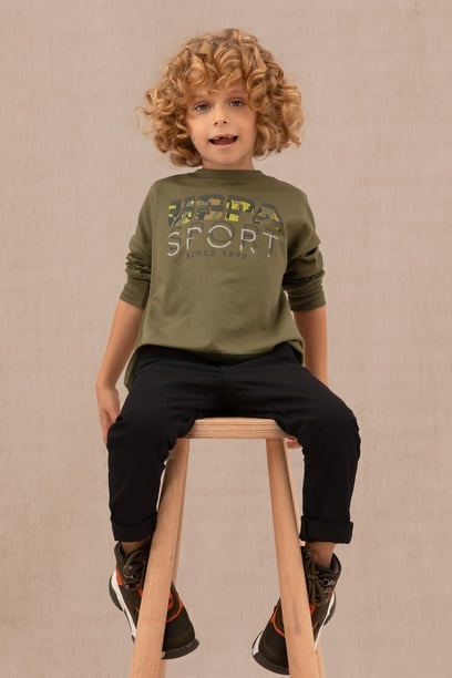 Çocuk Haki Bisiklet Yaka Sweatshirt
