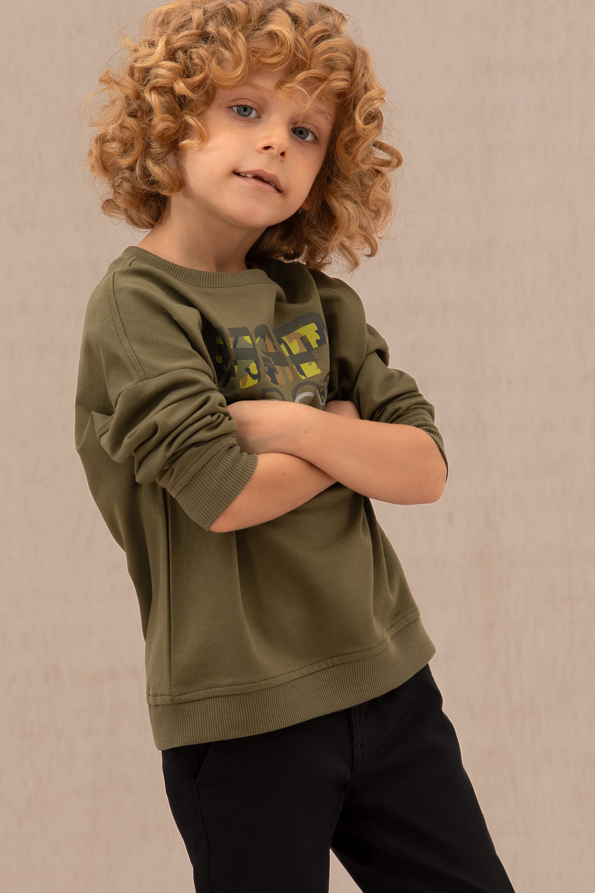 Çocuk Haki Bisiklet Yaka Sweatshirt - Image 3