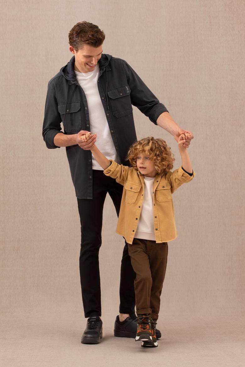 Erkek Çocuk Kum Uzun Kollu Kapüşonlu Gömlek