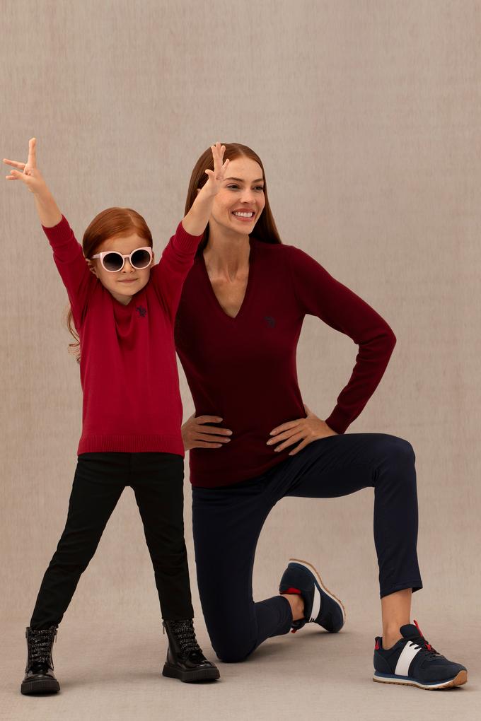 Kız Çocuk Kırmızı Basic V Yaka Kazak