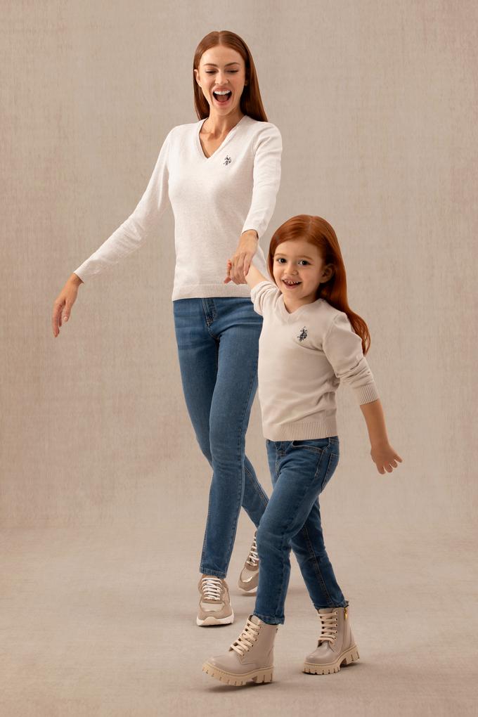 Kız Çocuk Krem Basic V Yaka Kazak