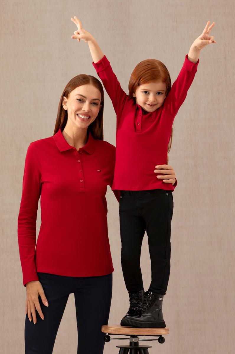 Kadın Kırmızı Basic Polo Yaka Sweatshirt