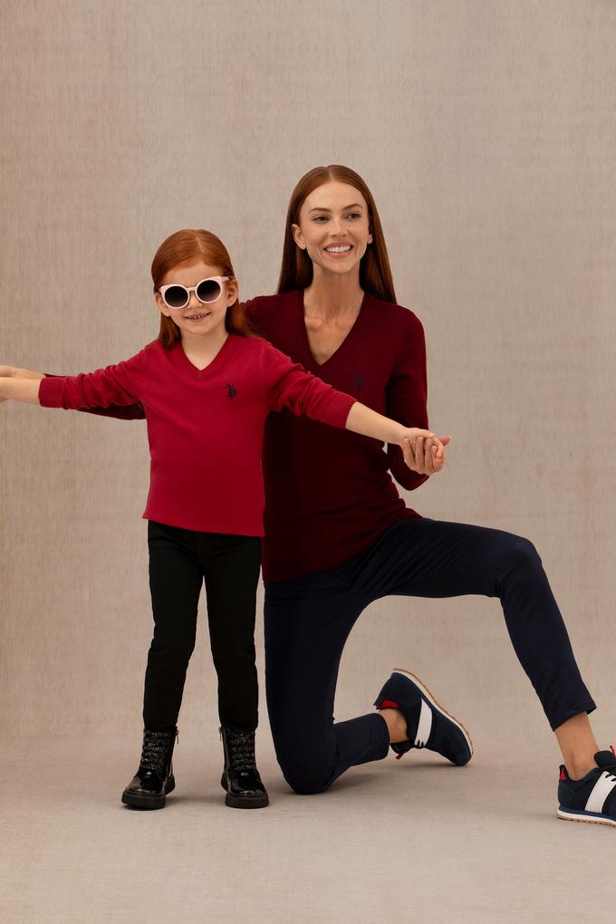 Kadın Bordo V Yaka Basic Kazak