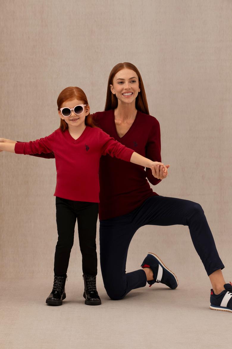 Kadın Bordo V Yaka Basic Kazak