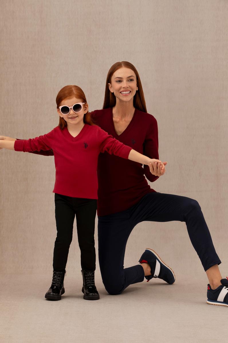 Kadın Bordo V Yaka Basic Kazak