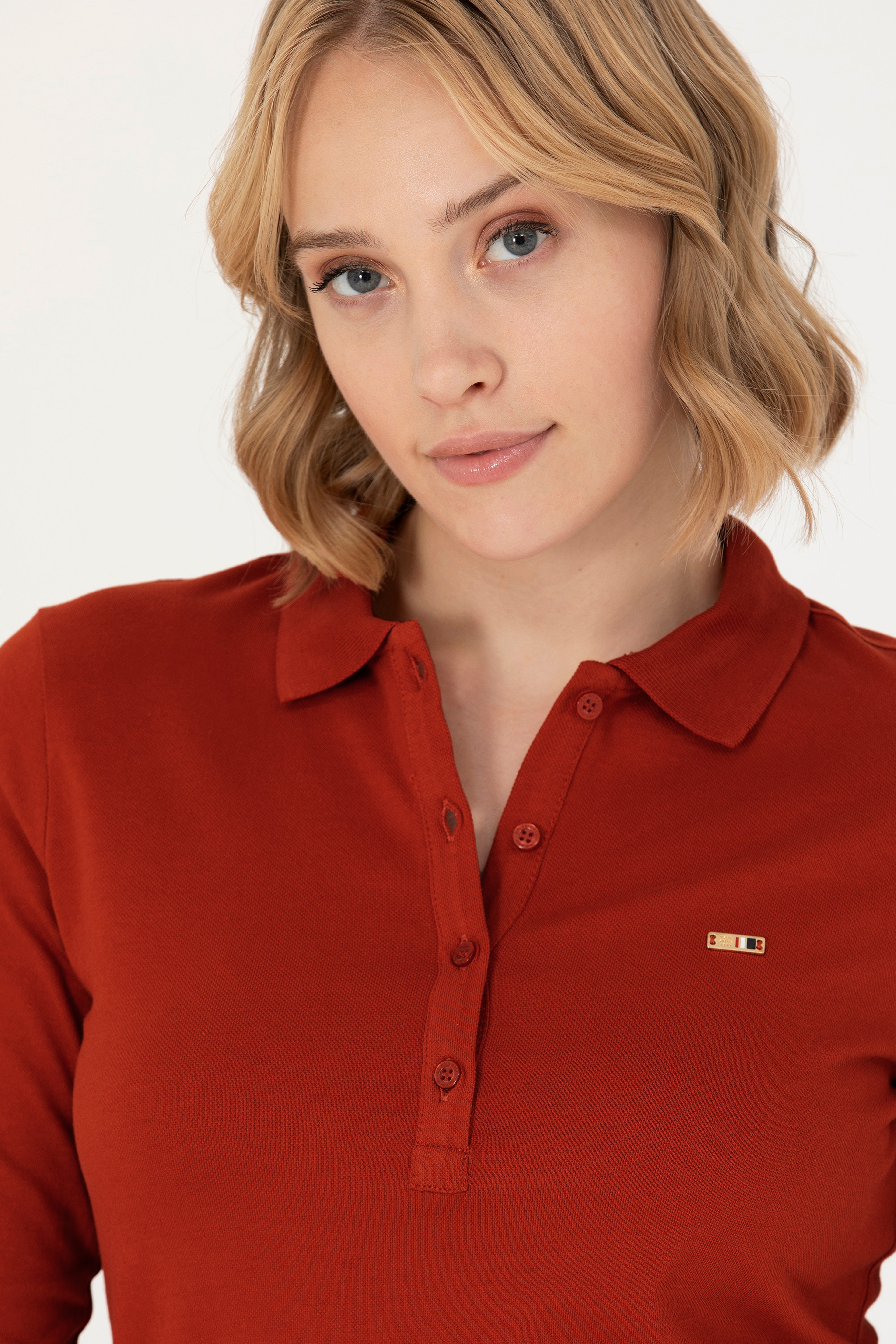 Kadın Kiremit Basic Polo Yaka Sweatshirt - Image 3