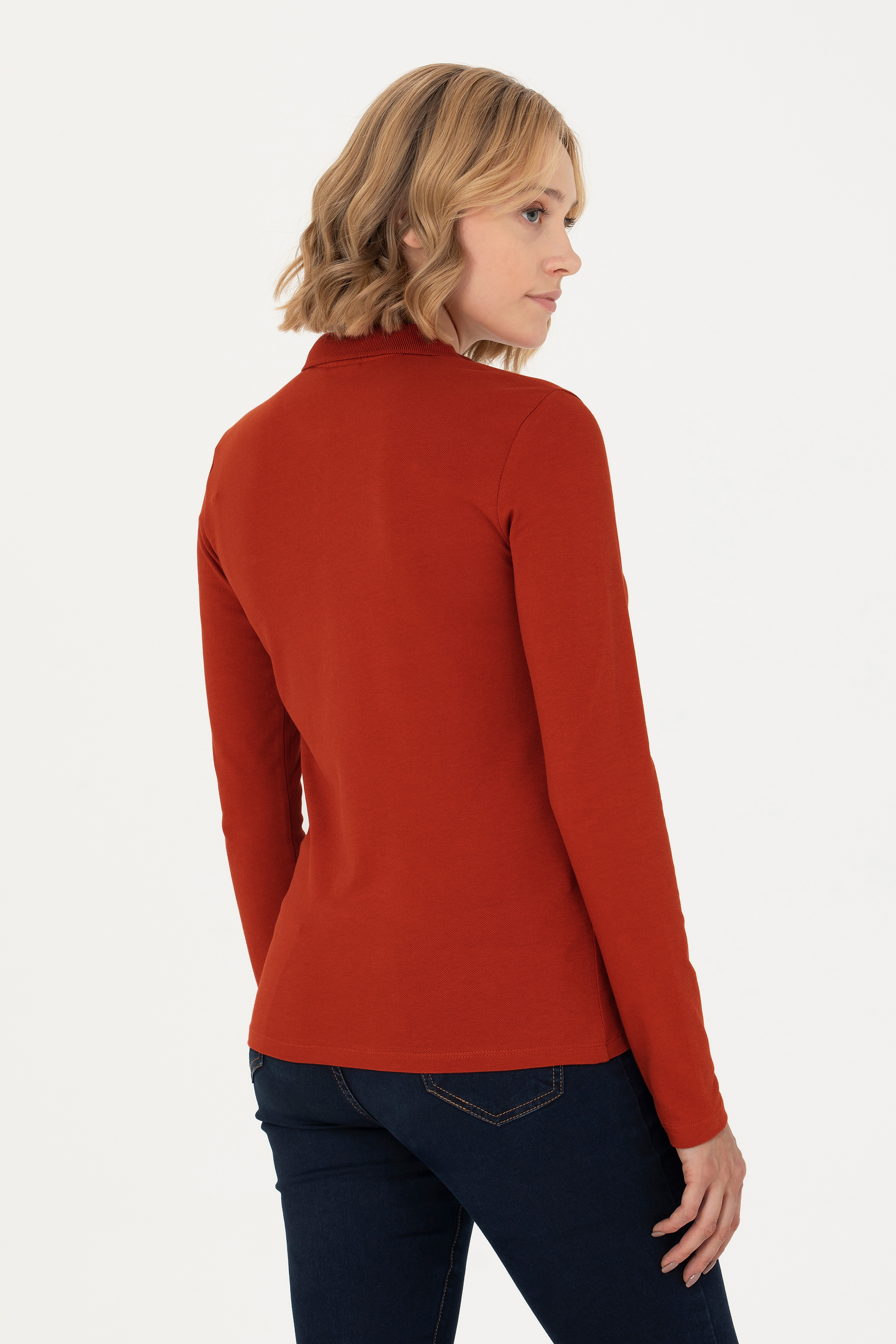 Kadın Kiremit Basic Polo Yaka Sweatshirt