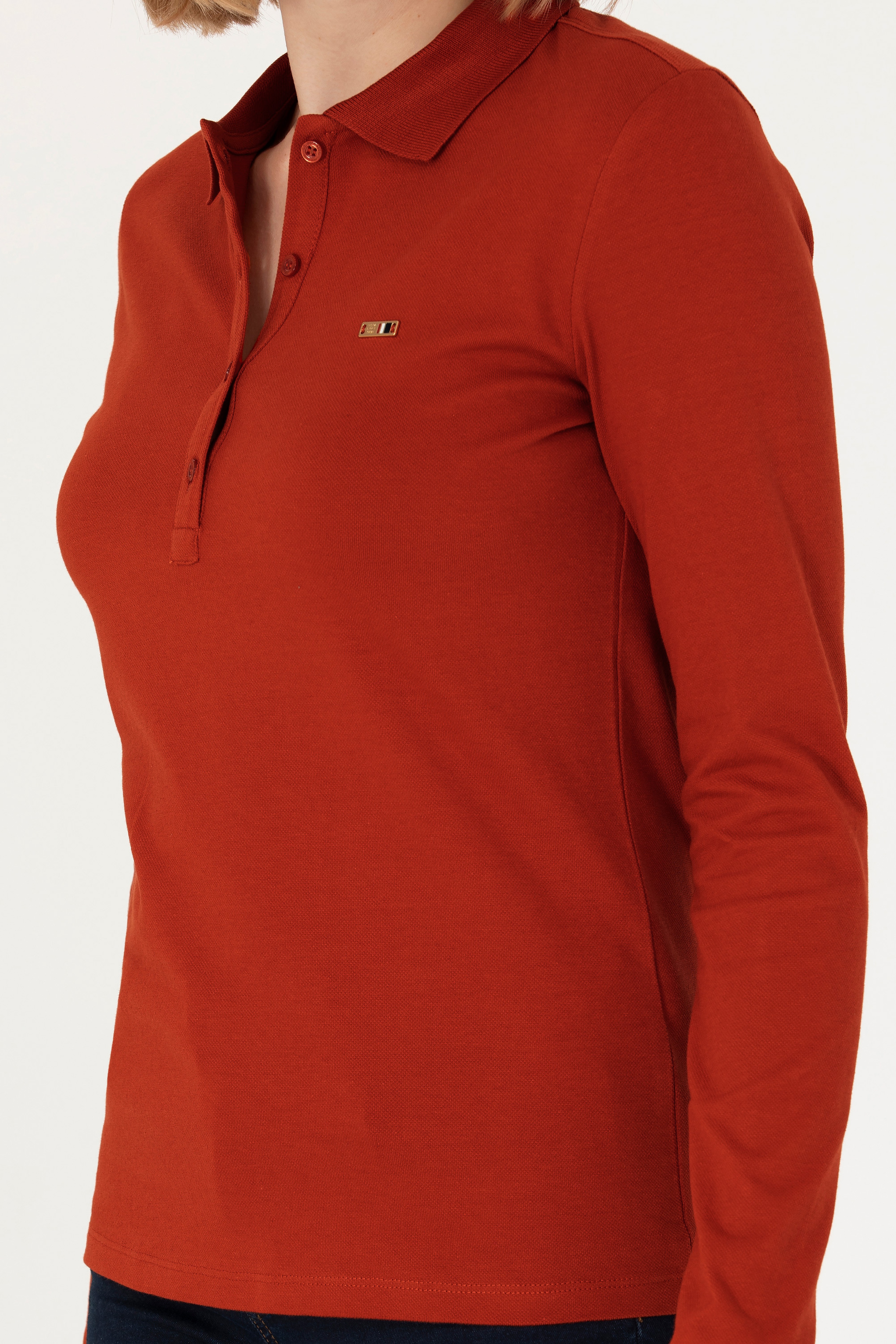 Kadın Kiremit Basic Polo Yaka Sweatshirt - Image 7