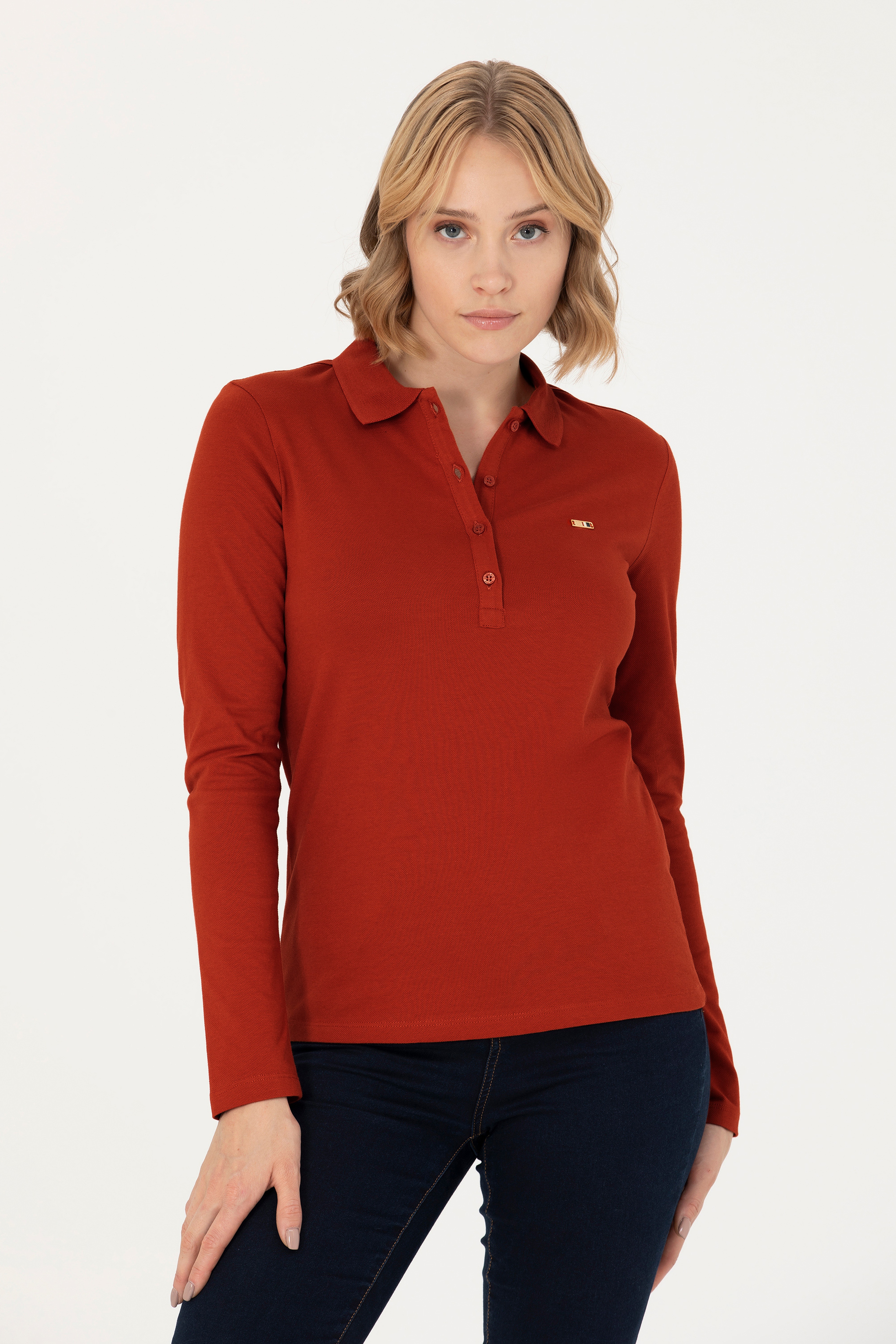 Kadın Kiremit Basic Polo Yaka Sweatshirt - Image 4
