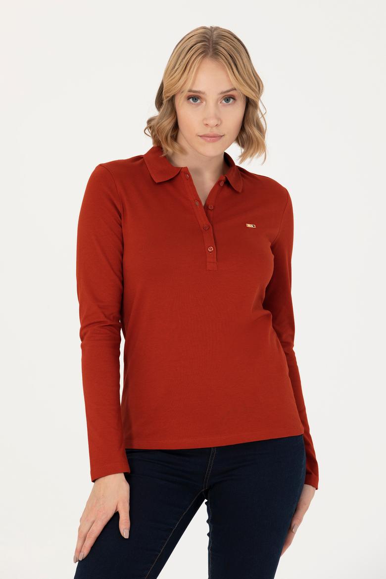 Kadın Kiremit Basic Polo Yaka Sweatshirt - 50276160068